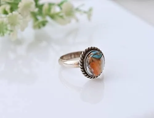 Vista 2 de Anillo de plata de compromiso con piedras preciosas de cobre turquesa y forma ovalada, anillo de plata de compromiso, joyería de nacimiento