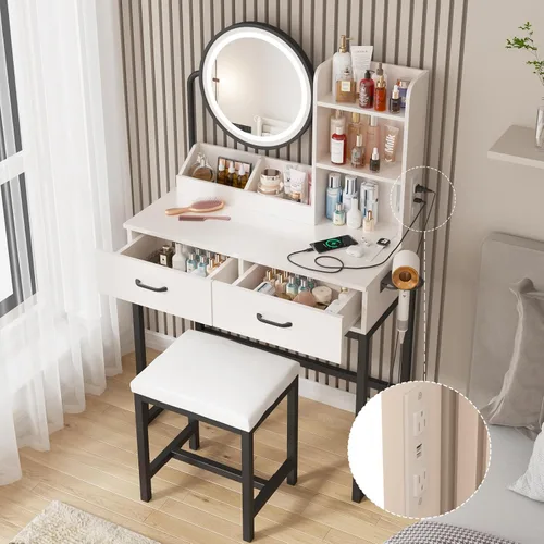 Vista 2 de Vabches Tocador de maquillaje con espejo redondo y luces, mesa de maquillaje blanca con estación de carga, mesa de tocador pequeña para dormitorio