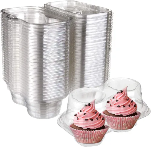 Vista 8 de Bekith 60 recipientes de plástico con 2 compartimentos para cupcakes, desechables con tapa hermética conectada, caja transparente apilable