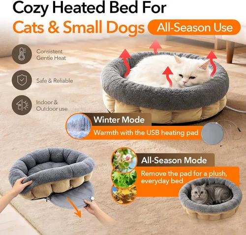 Vista 3 de 5V Heated Pet Bed with Adapter, Dual-Sensor Safety, Cat & Dog, 20