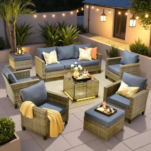 Vista 25 de ovios Juego de muebles de patio de 4 piezas con sofá de exterior, luces solares, mesa, cojines cómodos, sofá de conversación de mimbre de ratán