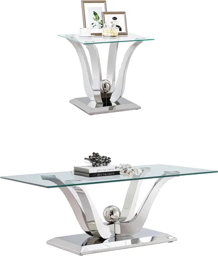Vista 21 de SSLine Mesa de centro moderna de 1 pieza para sala de estar, mesa de centro de vidrio templado de lujo con base de acero inoxidable en forma de flor