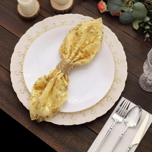 Vista 9 de Efavormart Servilletas de tela de cena con hojas de oro brillante y enredaderas bordadas con lentejuelas, servilletas decorativas transparentes
