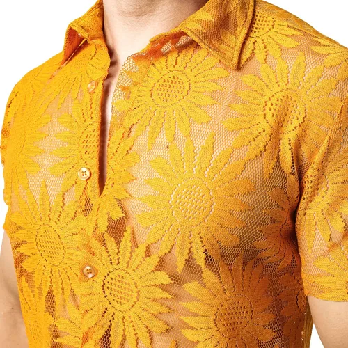 Vista 6 de JOGAL Camisa de encaje floral para hombre, camisas casuales con botones transparentes