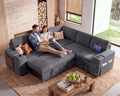 Vista 20 de WEUP Sofá cama modular de 111 pulgadas con cama extraíble, sofá de pana de felpa en forma de L de 7 asientos con diván de almacenamiento, puertos