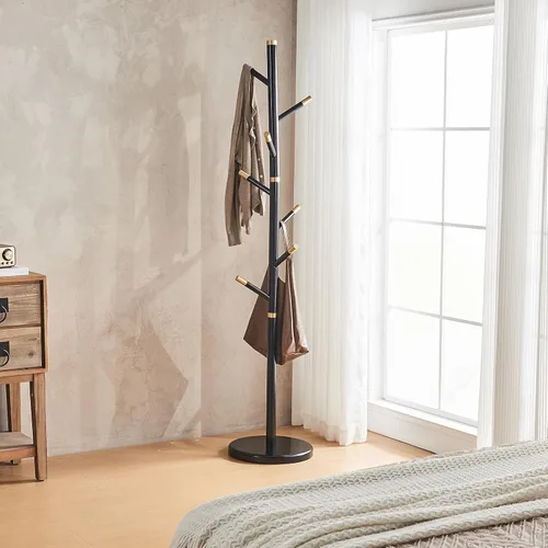Vista 9 de Perchero negro independiente de madera maciza - Moderno árbol de madera independiente resistente con 7 ganchos creativo de aspecto de rama de árbol