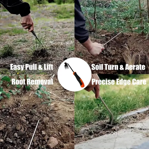 Vista 2 de Extractor de malezas manual de doble acción de 4 garras con agarre ergonómico, herramienta de jardín para eliminación eficiente de raíces