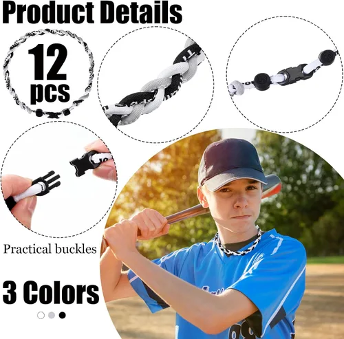 Vista 2 de Zeyune Collar de béisbol de 18 pulgadas para niños, tres cuerdas trenzadas, tornado, titanio, collar de cuerda de béisbol para hombre