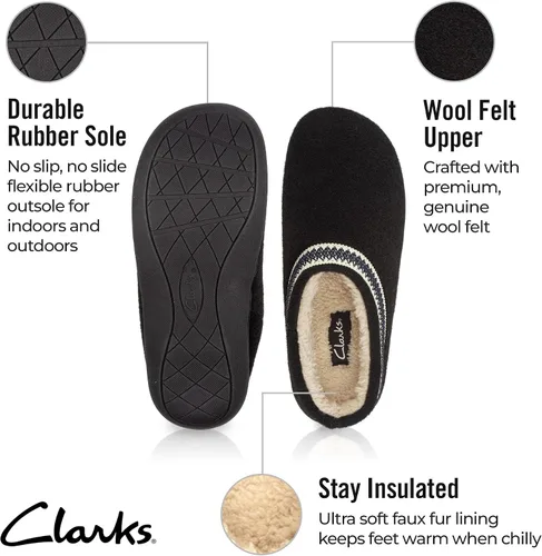 Vista 2 de Clarks Pantuflas tipo zueco de fieltro de lana para mujer JMH1319T - Cálidas y acogedoras con forro de piel sintética - Pantuflas de casa