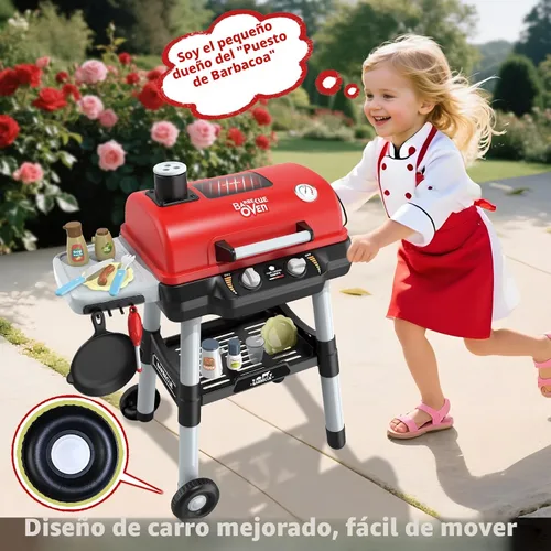 Vista 5 de Juguetes de cocina para niños, juego de parrilla de barbacoa para niños con humo, sonido y luz, juguete de barbacoa de 2 niveles con rueda, juguetes