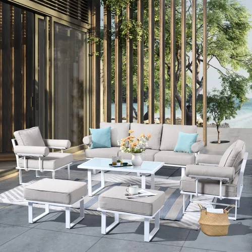 Vista 11 de HOOOWOOO Juego de muebles de aluminio para patio al aire libre, 5 piezas, sofá moderno de mediados de siglo, asiento de sofá resistente a la Gris