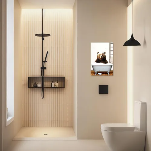 Vista 3 de QIXIANG Lienzo decorativo de oso para decoración de baño, diseño de oso divertido en la bañera, impresiones de imágenes de tema moderno de animales