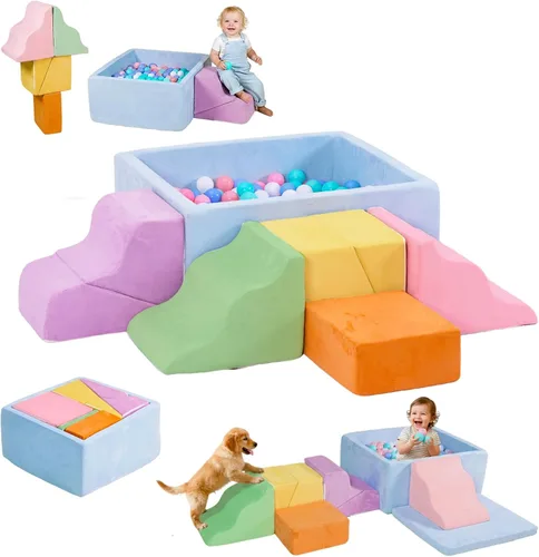 Vista 8 de STAOLENE Bloques de escalada de espuma suave con pozo de bolas, 6 juguetes de escalada de interior beige y rosa para niños pequeños, juego