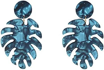 Vista 3 de Aretes de resina de acrílico con diseño de hoja de palma, plantas tropicales, hojas de Monstera, aretes colgantes para mujeres y niñas, Metal