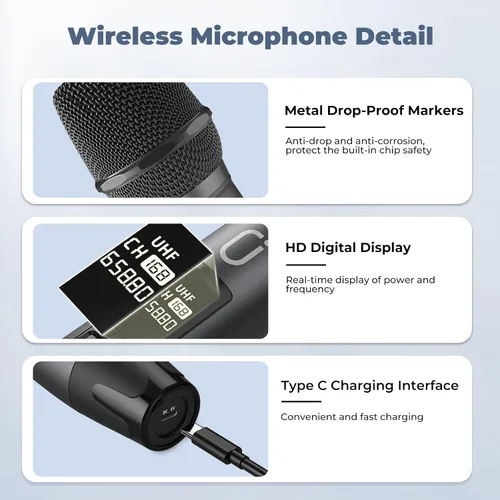 Vista 4 de HWWR Micrófonos inalámbricos, micrófonos duales UHF profesionales para karaoke, sistema de micrófono dinámico inalámbrico con receptor recargable