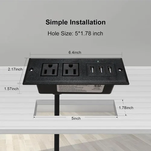 Vista 2 de Regleta de alimentación empotrable de escritorio con enchufe USB de montaje empotrado, 2 tomas de corriente, 3 puertos USB (15 W/3 A), estación