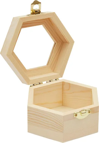 Vista 8 de Joyero de madera hexagonal sin terminar con ventana y hebilla francesa (paquete de 3)