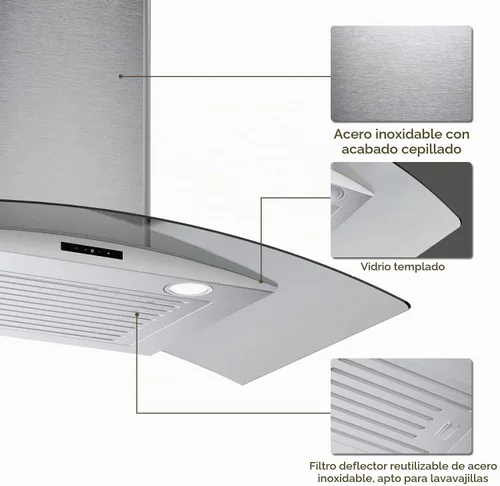 Vista 2 de Campana extractora de pared curva de vidrio de 30 pulgadas con 450 CFM de acero inoxidable, convertible sin conductos/con conductos con extractor