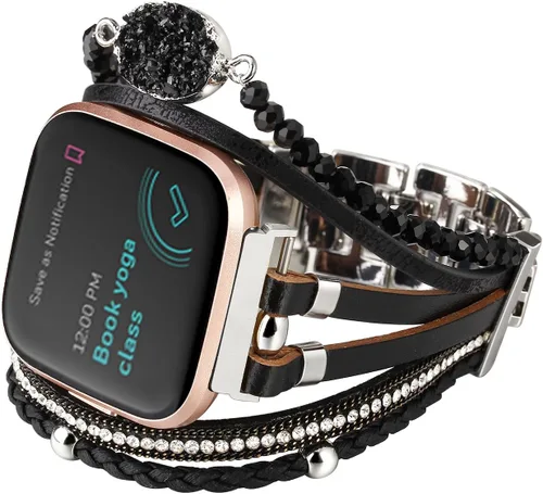 Vista 9 de Pulsera de cuero bohemia compatible con Fitbit Versa 4/Versa 3/Sense/Sense 2 bandas para mujeres y hombres, joyería hecha a mano, correa multicapa