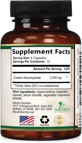Vista 9 de Monohidrato de creatina 3000 mg por porción - Cápsulas de creatina en polvo micronizado - Apoya el músculo magro, la fuerza, la energía