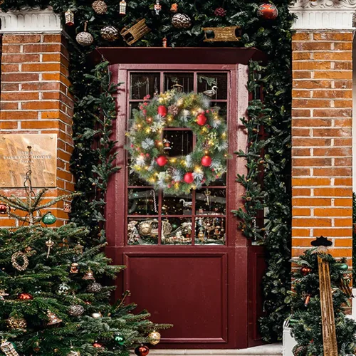 Vista 2 de Ochine Corona de Navidad Artificial Preiluminada de 16 Pulgadas, Coronas de Navidad Iluminadas para Puerta Principal, Corona de Navidad