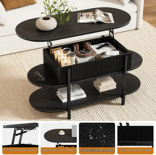 Vista 4 de FABATO - Mesa de centro oval de 41.7" con parte superior elevable, mesa central de madera estriada con almacenamiento oculto, mesas pequeñas de 3