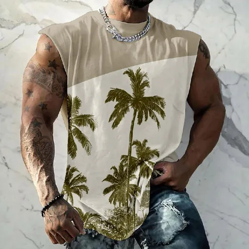 Vista 2 de Muscularfit Camisetas gráficas con estampado divertido para hombre, estilo casual, holgadas, sin mangas, cuello redondo, camisetas hawaianas