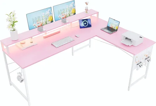 Vista 10 de Pamray Escritorio para juegos en forma de L de 64 pulgadas con soporte para Escritorio de esquina grande para computadora con tablero de clavijas