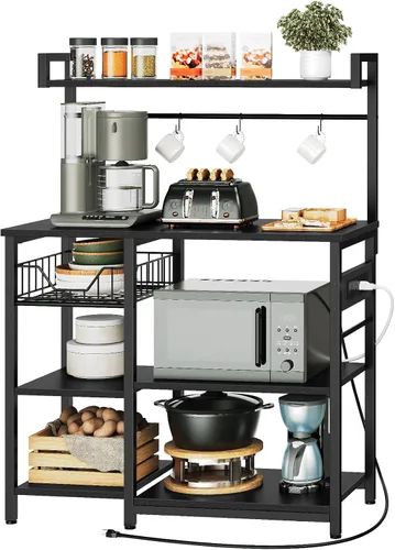 Vista 9 de HOOBRO Estante de Panadero de Cocina con Toma de Corriente, Barra de Café, Soporte para Horno de Microondas con Canasta de Malla, Estación de Café