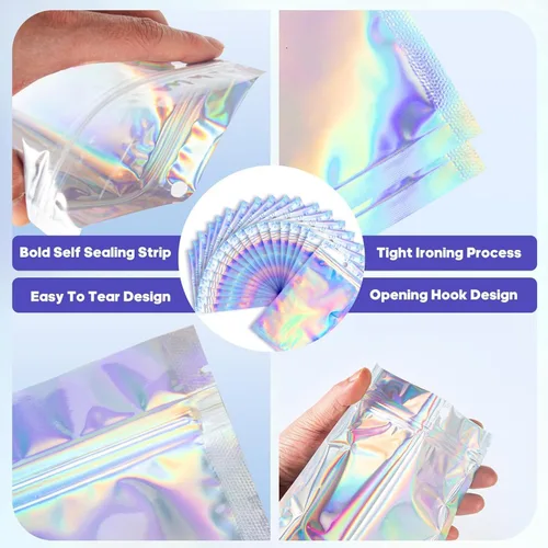 Vista 5 de 100 bolsas de embalaje holográficas, bolsa de papel de aluminio resellable de 2.7x3.9 pulgadas, bolsa de muestra de Mylar ideal para pequeños