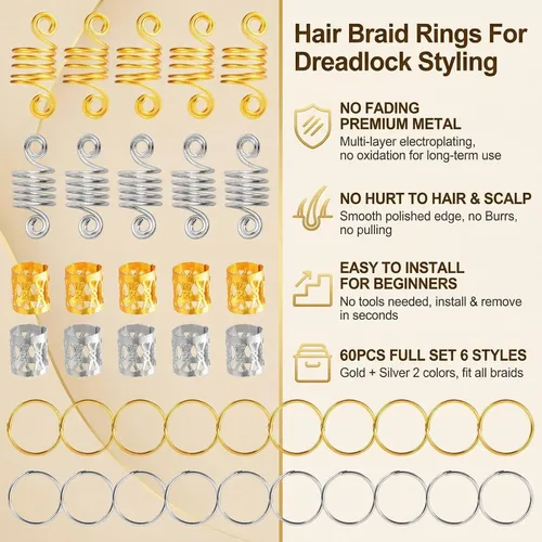Vista 3 de 60 piezas de accesorios metálicos para el cabello de estilo surtido, anillos para puños, cuentas de bobina, botones de rastas, decoraciones