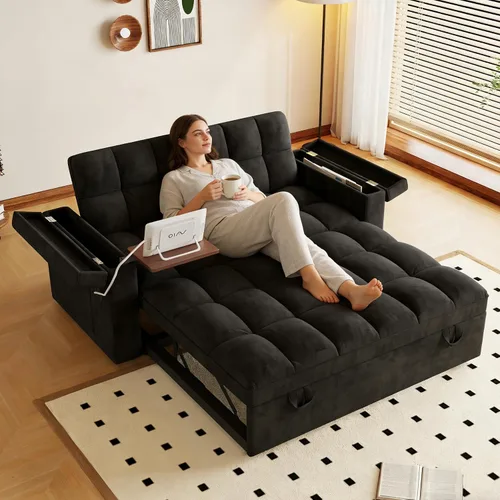 Vista 10 de KEIKI 65" 3-in-1 Sofa Bed, Folding Chenille Loveseat Sleeper with USB