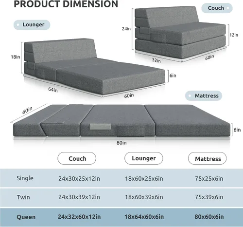 Vista 8 de Youzi Sofá Cama Plegable Queen, Sofá de Suelo de Espuma de 6 Pulgadas y Colchón Plegable con Funda Lavable, Sofá Desplegable para Huéspedes, Camping
