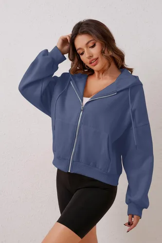 Vista 3 de MISSACTIVER Sudadera corta con capucha y cordón para mujer, de gran tamaño, con hombros caídos, forro polar, con bolsillo