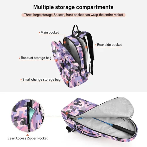 Vista 5 de Unisex Tennis Bag Cute Sturdy Camouflage Purple Pink Gym Bags Travel Backpack for Women, Men, Teenagers bolsa para raqueta de tennis