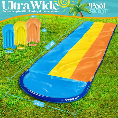 Vista 3 de POOLSIDER Tobogán acuático triple antideslizante y deslizante de 18 pies, 3 carriles azules, amarillos y naranjas con 3 tablas de bodyboard, diseño