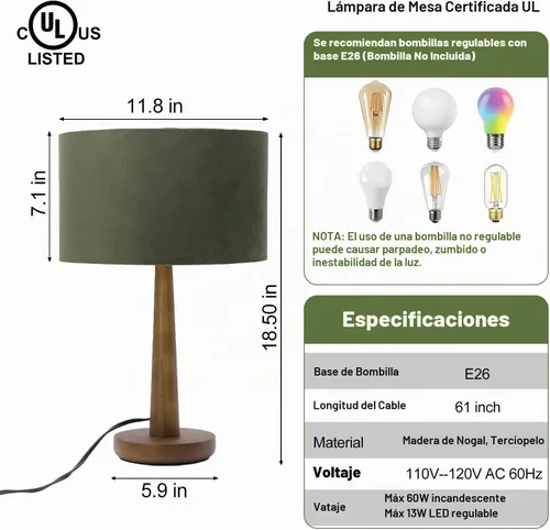 Vista 2 de Lámpara de mesa de 18.5 pulgadas para sala de estar, lámparas de escritorio de madera de nogal modernas regulables para dormitorio, lámpara