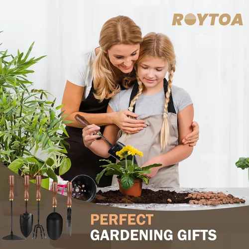 Vista 5 de ROYTOA Juego de herramientas de jardín, 5 herramientas de jardinería, cultivador manual de acero inoxidable, azadas, pala, paleta y desbrozadora