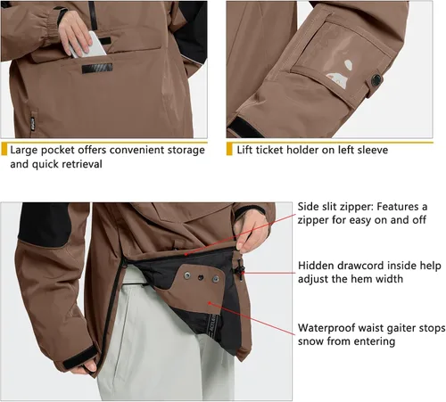 Vista 4 de Actleis Chaqueta de Snowboard Tipo Pullover para Hombre Impermeable con Capucha Aislada Chaqueta de Esquí Abrigo de Nieve Cálido de Invierno
