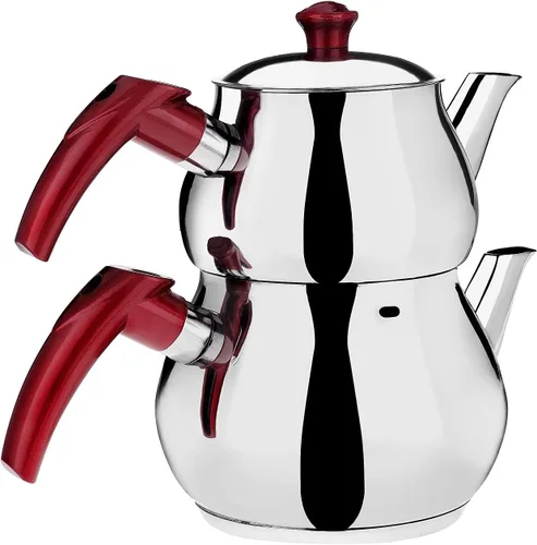 Vista 7 de Juego de tetera turca de acero inoxidable para estufa, tetera doble con colador, asas rojas, calentador de agua Samovar para té turco