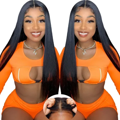 Vista 12 de mengkai Pelucas de cabello humano de 32 pulgadas con encaje frontal de 13x6, cabello humano predesplumado liso, peluca frontal de encaje HD