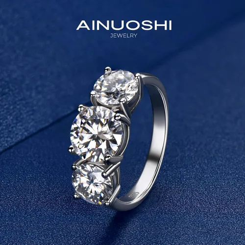 Vista 7 de AINUOSHI Anillo de compromiso de moissanita de 2 a 4 quilates, anillo de boda de 3 piedras para mujer, plata de ley 925, anillos de compromiso