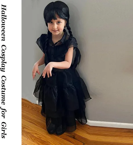Vista 7 de Moiegouct Wednesday Addams - Disfraz de Addams, vestido negro de Addams, disfraz de fiesta de Halloween para niños y niñas con peluca, cinturones