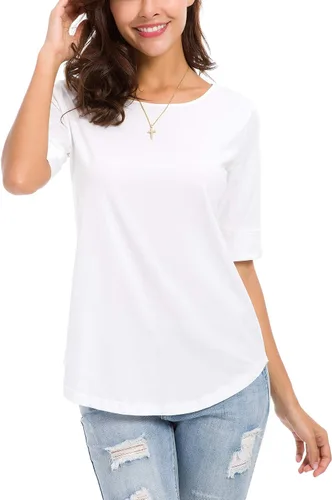 Vista 4 de Camisetas casuales de algodón de manga media para mujer, camisetas básicas de verano a la moda