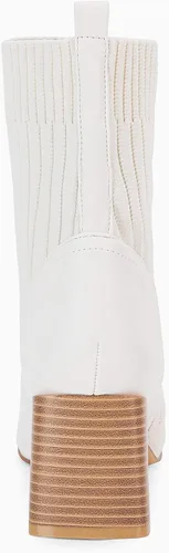 Vista 5 de Coutgo Botines de tacón grueso para mujer, puntera cuadrada, sin cordones, botas Chelsea elásticas, Blanco