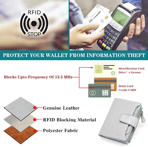 Vista 6 de FALAN MULE - Cartera de cuero auténtico para mujer, pequeña, plegable y compacta, con bloqueo de interferencia de radiofrecuencia (RFID)