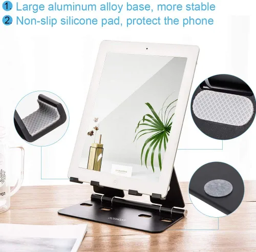 Vista 4 de aceyoon Soporte ajustable para tableta, soporte para iPad/teléfono celular para escritorio, soporte de aleación de aluminio para 2 teléfonos o una