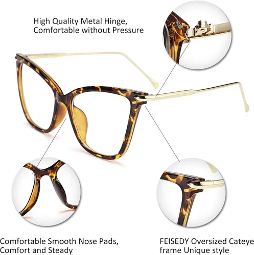 Vista 4 de FEISEDY Marco de gafas de ojo de gato de gran tamaño con lentes transparentes para mujer B2460