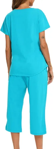 Vista 6 de ENJOYNIGHT Conjunto de pijama de algodón para mujer, parte superior de manga corta y pantalones capri, ropa de dormir de 2 piezas