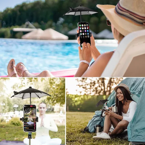 Vista 3 de OUTXE Paraguas de teléfono con clip fuerte para sol, mini cubierta de bronceado para celular iPhone/Android (negro) (paquete de 1)